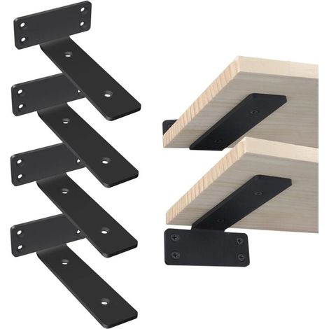 Equerre Etagere Murale,4 Pièces 15cm Noir Support Étagère Murale Metal Industrielle Support d'Étagère,Invisible Equerre Fixation Etagere pour Cuisine Garage (1/4)