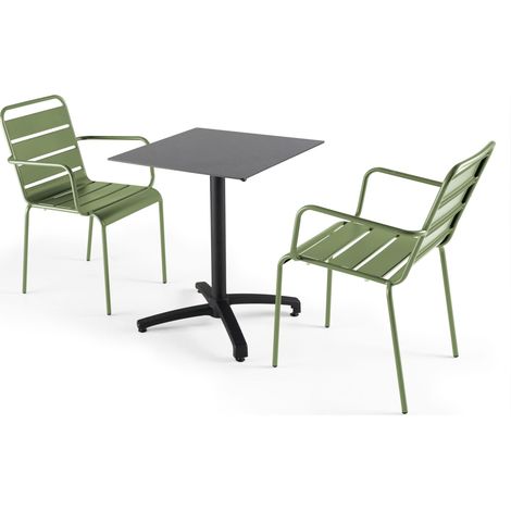 Ensemble table de jardin stratifié foncé et 2 fauteuils vert cactus (1/5)