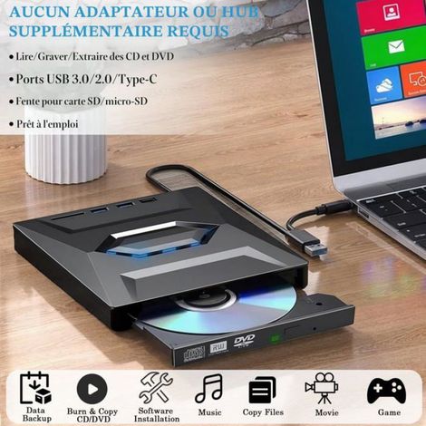 Lecteur CD DVD Externe USB 3.0 Type C, Graveur Portable Compatible Windows Mac et Linux Corvina (1/5)