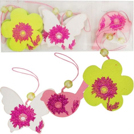 Set di 6 appendiabiti decorativi in legno per Pasqua, nei colori acquamarina, bianco e rosa con glitter. (1/2)