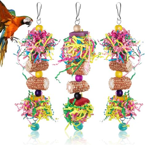 3 PCS Bird Toys, Multicolor Bird Shredding Toys Parrot Chewing Toy Hanging Shredder Toy Include Natural Corn Cob Bells for Parakeets Cockatiels Small and Medium-Sized Parrot (1/5)