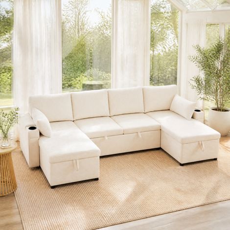 Sofá cama modular en U (272x131x84 cm), con almacenaje y portavasos, chenilla y corduroy beige (1/5)
