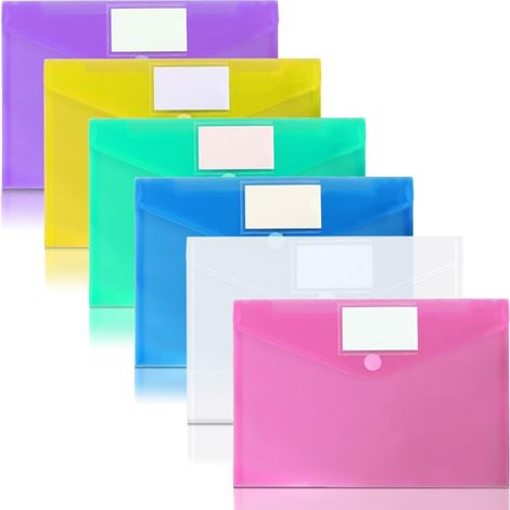 Lot de 6 pochettes plastiques transparentes avec porte-étiquette et fermeture à pression - 6 couleurs assorties, format A4, idéales pour l'école, la maison et le bureau.