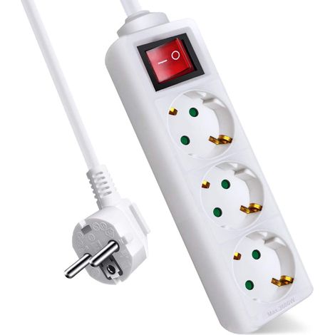 Rallonge avec 3 prises et interrupteur, câble 3 m, pour la maison, le bureau et les voyages, 16 A, 250 V, 3680 W, blanc (1/5)