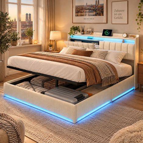Letto contenitore 140x200cm,letto matrimoniale 140x200cm con LED regolabile e ricarica USB,Letto matrimoniale contenitore,letto 140x200cm,velluto, beige