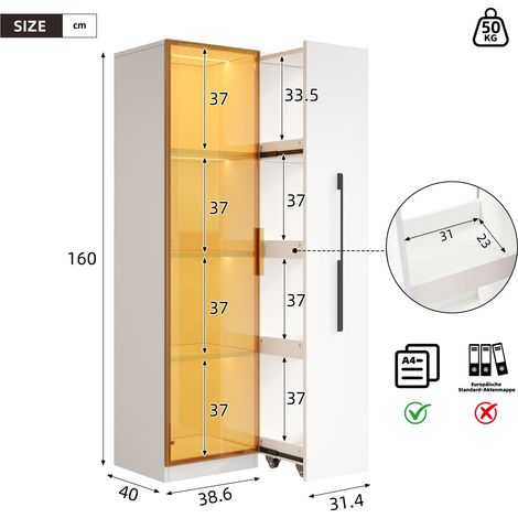 Vitrine en verre avec éclairage LED, tiroirs et espace de rangement 70 x 40 x 160 cm blanc HOMAIRE (1/5)