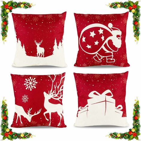 Coussin Decoration Canapé Noel 45x45Cm Deco Housse Decoratifs pour Canapes Interieur Christmas Salon Maison Rouge Taie Père Noël élans Cadeaux De Polyester 4 Pièces (1/5)