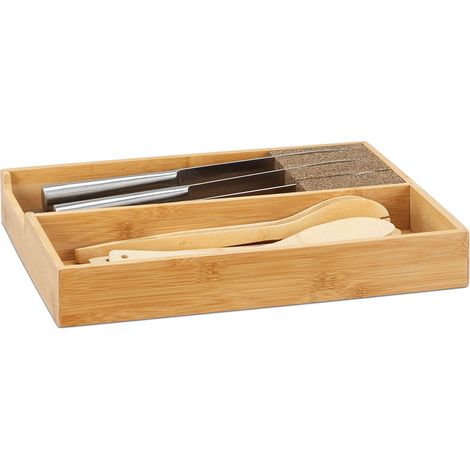 Couteaux Tiroir Bois Range-Couverts Extensible Cuisine, Bambou, Naturel, 30 x 38 x 6,5 cm (1/5)