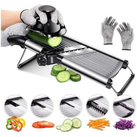 Mandoline de cuisine professionnelle en acier inoxydable, mandoline multifonctionnelle réglable avec protection des mains et gants de sécurité