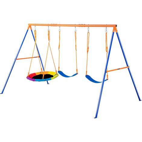 Balançoire pour jardin, capacité 600lbs, avec 1 siège nacelle, 2 sièges ceinture, structure en métal en A robuste, cordes réglables, pour enfants. (1/5)
