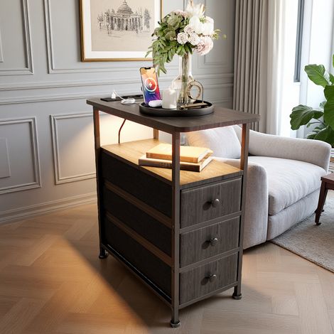 Cómoda con 3 cajones, con USB y LED, L 60 x P 30 x H 62 cm, cajón grande, MDF y metal, lujo moderno, mesa auxiliar, negra (1/5)