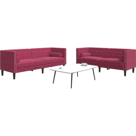 2-tlg. Chesterfield-Sofa-Set mit Nackenrollen Rot Samt