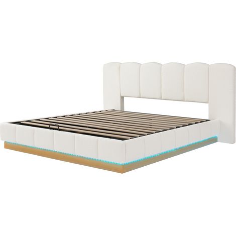 Cama doble tapizada 180 x 200 cm con somier, arcón hidráulico, LED, blanco bouclé HOMVRA (1/5)