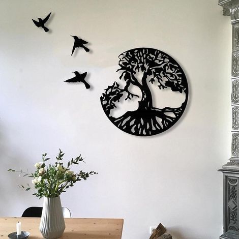 Lebensbaum-Dekoration aus Metall, Wandbild aus Metall, Lebensbaum-Kunst, 3 fliegende Vögel, Dekoration für drinnen und draußen, Schlafzimmer, 50 x 50 cm (1/4)
