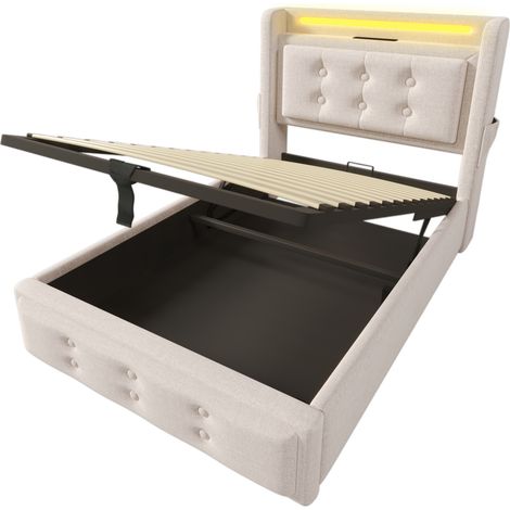 Polsterbett 90x200 mit LED-Kopfteil, USB-C und hydraulischem Stauraum, beige (1/5)