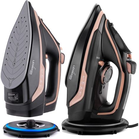 Fer à Repasser sans Fil avec Station de Charge, jusqu'à 3000W & 35 g/min de Vapeur Continue, Réglage Température & 5 Programmes, Semelle Céramique, Repassage Vertical, Noir/Or Rose (1/5)