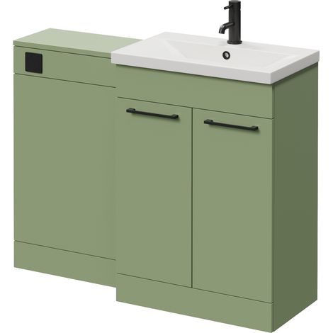 Napoli 390 Olive Green 1100mm 2 Door Vanity Unit Toilet Suite with Glide Basin - 1100mm - Matt Black 160mm HandleWithout Kingston Toilet Pan