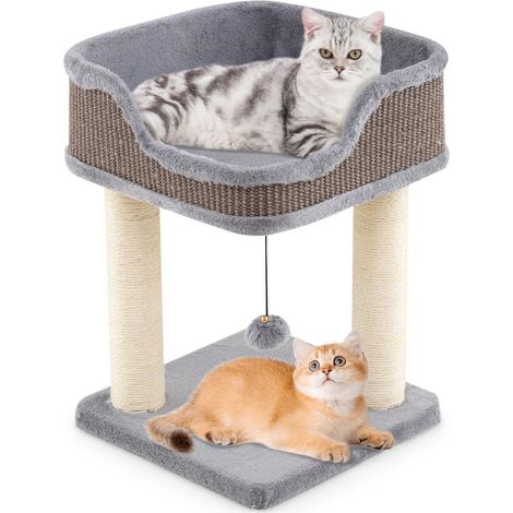 Pour chats et chatons Arbre à chat compact d'intérieur avec perchoir peluche à rebords poteau sisal et base stable Gris (1/5)
