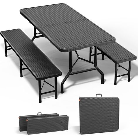 Table de Jardin Pliante 3 Pièces (2 Bancs Pliables + 1 Table Pliante). Aspect Rotin, Robuste et Durable : Chaque Banc Supporte 300 kg. Accueille 4-6 Personnes. Idéal pour Jardin ou Camping (1/5)