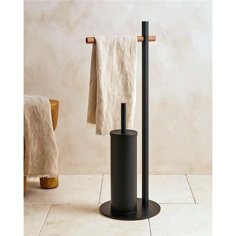 Exagonshop Piantana portascopino portarotolo in bamboo e acciaio