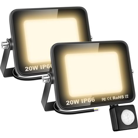 2 Pcs Projecteur led extérieur avec detecteur de mouvement, 20W 2000LM 3000K Blanc Chaud Spot led extérieur, IP66 Étanche eclairage de sécurité floodlight pour Terrasse Garage Jardin