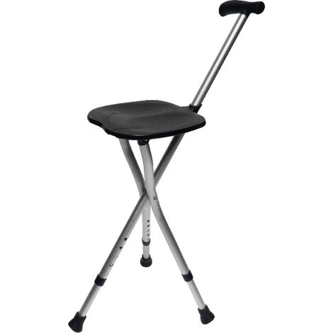 Canne siège pliante réglable 47,5 à 56 cm – Structure aluminium – Siège plastique noir – Poids max 136 kg