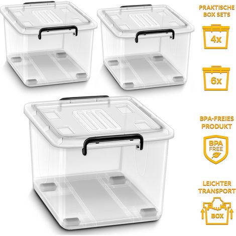 tillvex® Aufbewahrungsboxen mit Deckel 6er Set - 27L, lebensmittelecht  Kunststoff Boxen Set stapelbar  Aufbewahrung Ordnungssystem Box groß  Aufbewahrungsbox Kleiderboxen transparent 100% Neumaterial