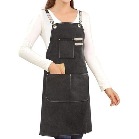 Tablier Coton Canvas - Croisé Réglable avec 3 Poches - Pour Jardinage Peinture Cuisine - Unisexe Adulte - Noir (1/5)