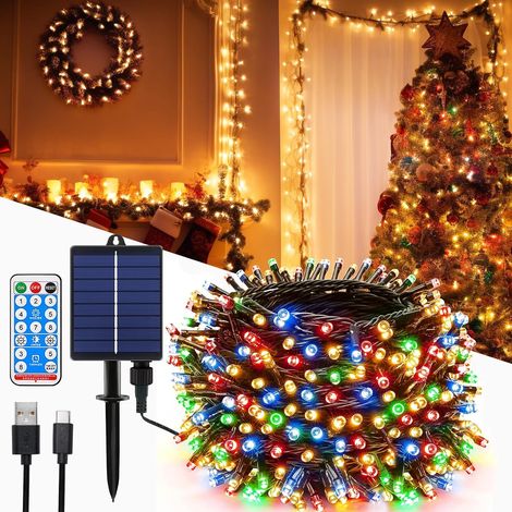 Guirlande lumineuse solaire d'extérieur 20m, 200LED, guirlande lumineuse de Noël LED d'extérieur avec 8 modes + minuterie + télécommande, guirlande pour jardin, balcon, mariage, blanc chaud (1/5)