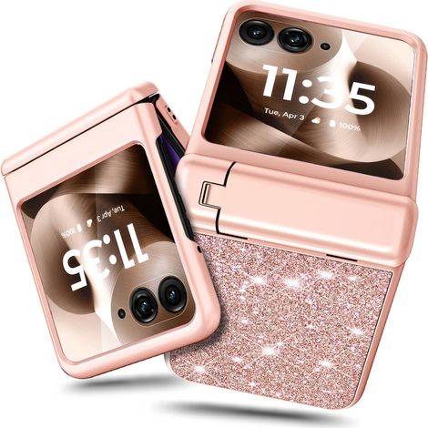 Funda para Motorola Razr 70 Ultra / 60 Ultra - Funda de policarbonato con purpurina, cristal y soporte - Oro rosa (1/5)