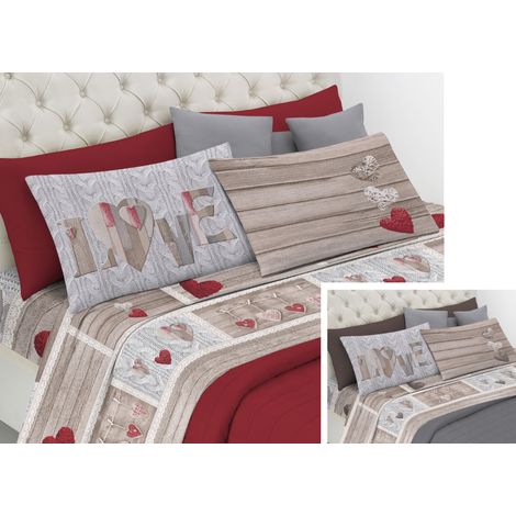 Completo Lenzuola Linea Pensieri Delicati 100% Cotone Disegno Shabby Love, misuraPiazza E MezzacoloreRosso (1/5)