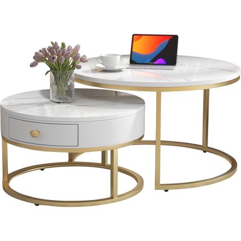 Table basse moderne gigogne 2 pièces marbre brillant rondes, tables d'appoint emboîtables design contemporain 70x70x48cm - Blanc brillant (1/5)
