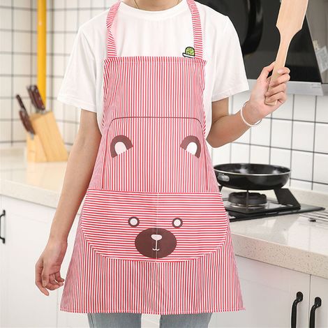 Tablier de Cuisine Rayé Style Mignon en Polyester avec Poche pour Femmes et Hommes (Rouge) (1/2)