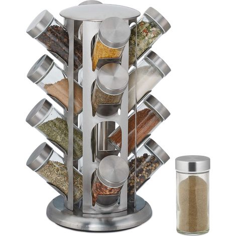 Tourniquet à épices, avec 16 pots, étagère rotative à 360°, inox, verre, organiseur, HxD 33 x 22 cm, argent (1/5)