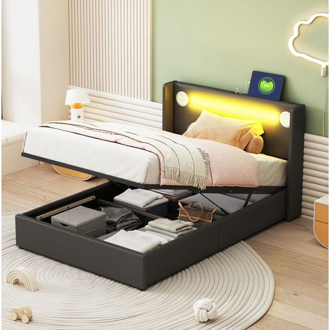 Lit enfant rembourré en simili cuir noir 90x200 cm avec rangement, LED, Bluetooth, USB et sommier à lattes (1/5)