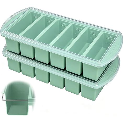 2er-Pack Suppen-Gefrierbehälter, 30,5 x 13,5 x 5,5 cm, 6 Mulden, extra große Silikon-Gefrierform mit Deckel, BPA-frei und stapelbar, Su-ppe Suppen-Gefrierbehälter zum Einfrieren von Suppe, Eiswürfeln (1/5)