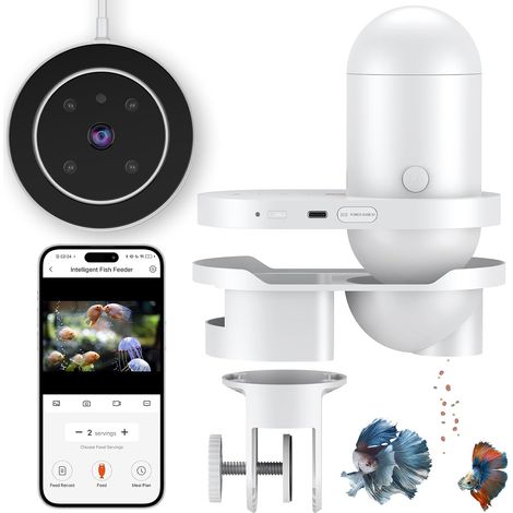 Distributeur Nourriture Poisson avec WiFi et Application Caméra HD 2.5K Minuterie Réservoir 230 ML pour Vacances Compatible Granulés/Poudre/Petits Piliers Alimentation USB (1/5)
