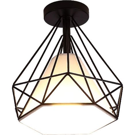 Deckenleuchte Industrielle Retro Deckenlampe aus Eisen Lampenschirm in Diamant Käfig E27 25cm für Flur Küche Wohnzimmer Schlafzimmer (Schwarz) (1/5)
