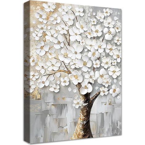 Leinwandbild Blumenbaum Rahmen Wandbild 40L x 60B cm Weiße Blumen Baum (1/5)