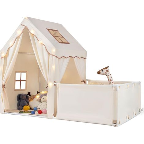 COSTWAY Tente Enfant Intérieur avec Parc & Lumières Étoilées (Beige) (1/5)