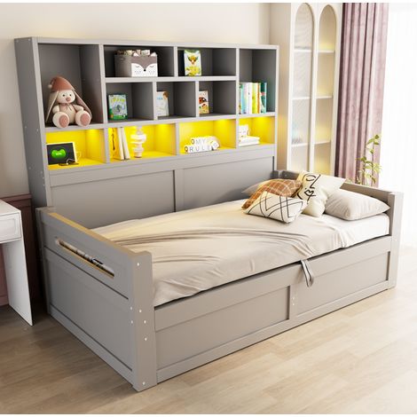 Letto singolo 90x200 cm grigio in MDF con contenitore idraulico, LED e prese elettriche (1/5)