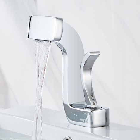 Robinet mitigeur de lavabo avec cascade eau chaude et eau froide, montage sur plan laiton - Chrome (1/5)
