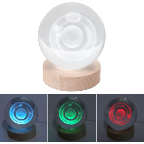 Beleuchtete 3D-Saturn-Kristallkugel, aus Holz geschnitzt und verziert, Schreibtisch-Nachtlicht, 8 cm Kristallkugel + 7 cm Sockel, Licht in Saturnfarben (1/5)