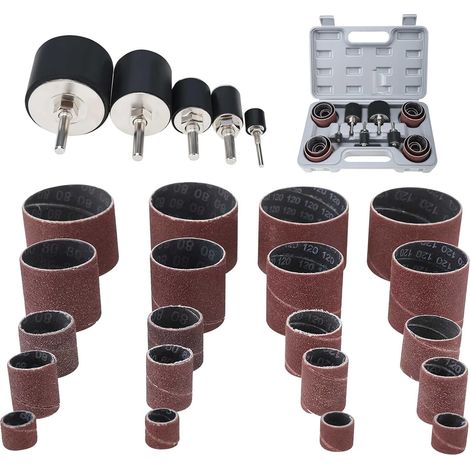 25pcs Tambour de Ponçage pour Perceuse, 80 et 120 Grain Manchon Abrasif a Poncer, Kit Tambour Manchons de Poncage avec 1/8" et 1/4" Mandrins Cylindre à Poncer pour Bois PVC (1/5)