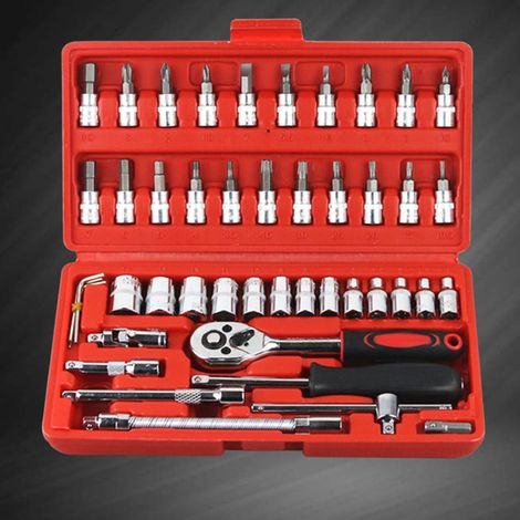 Jeu de 46 douilles à cliquet avec clé à rochet, manche tournant, adaptateur et tournevis, outillage de réparation automobile, coffret métrique complet. (1/5)