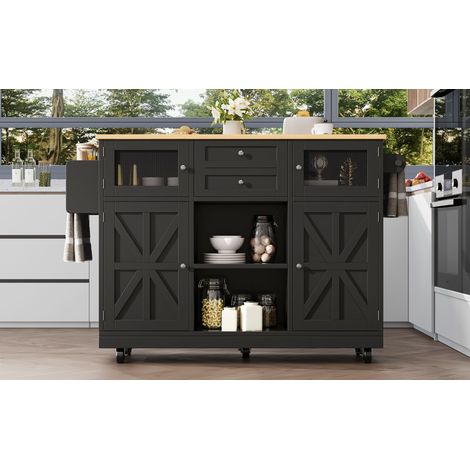 Îlot de cuisine, desserte avec plan de travail, buffet, desserte finition bois, porte-serviettes latéral, portes de placard tridimensionnelles à roulettes, séparateurs réglables, noir (1/5)