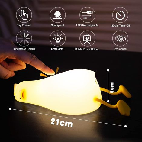 Lámpara de noche de silicona con forma de pato, carga USB, temporizador, 1200 mAh, control táctil, 3 niveles de brillo, para bebés. (1/5)