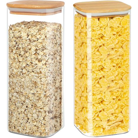 DOLASO Set mit 2 Glasbehältern mit luftdichtem Bambusdeckel für Nudeln, Samen, Kaffee, Reis, Kekse, Nüsse, großes Fassungsvermögen 2100 ml (1/5)