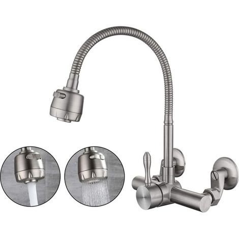 Robinet Cuisine Mitigeur Mural,Matériau En Acier Inoxydable 304 De Qualité Alimentaire,Rotatif à 360 ° Robinet Mural De Cuisine Des Trous De Montage 6.3CM-24CM (1/4)