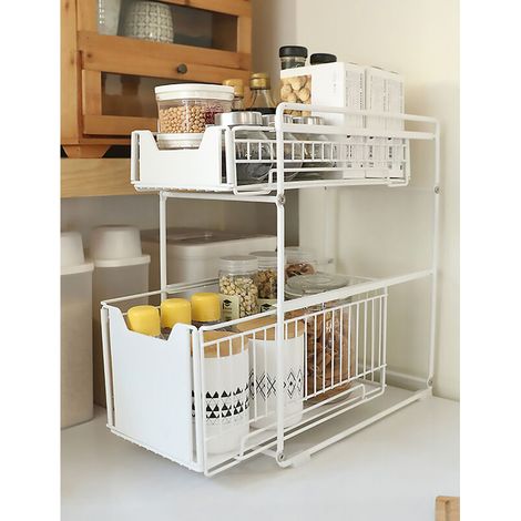 Organisateur de Cuisine à 2 Niveaux Rangement Sous Evier Coulissant Support d'armoire Coulissant Blanc (1/5)